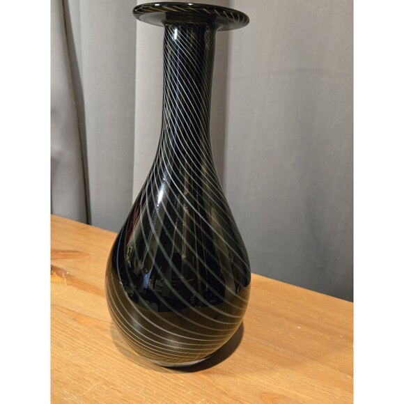 Vintage Murano Italy MCM Vase Black W/ Gray Swirls, 11.5” H - Picture 3 of 6